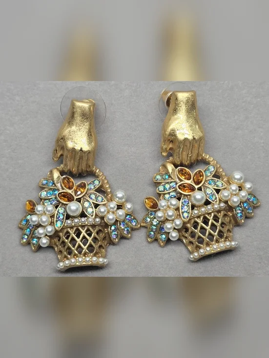 Vintage Style Gold Basket Pearl and Multistone Drop Earrings - Picture 7 of 7